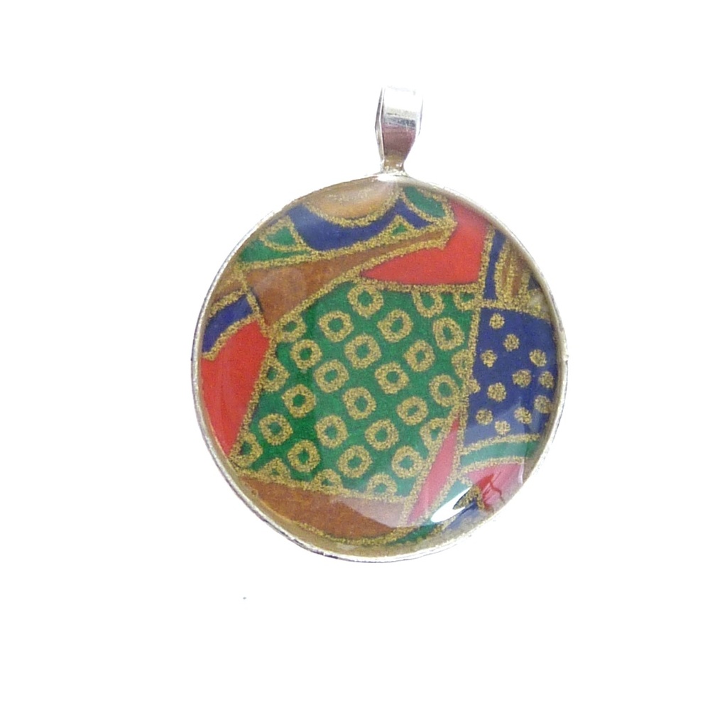 Japanese Washi Origami Resin Pendant .925 Sterling Silver Purple Green